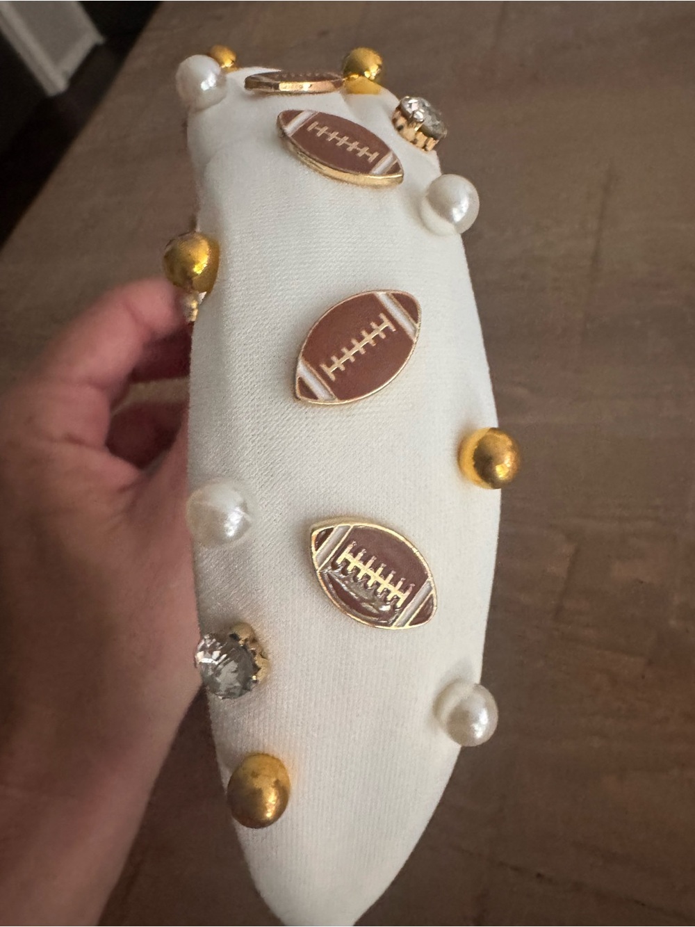 Kids White Football-Accent Headband with Gold and Pearl Details